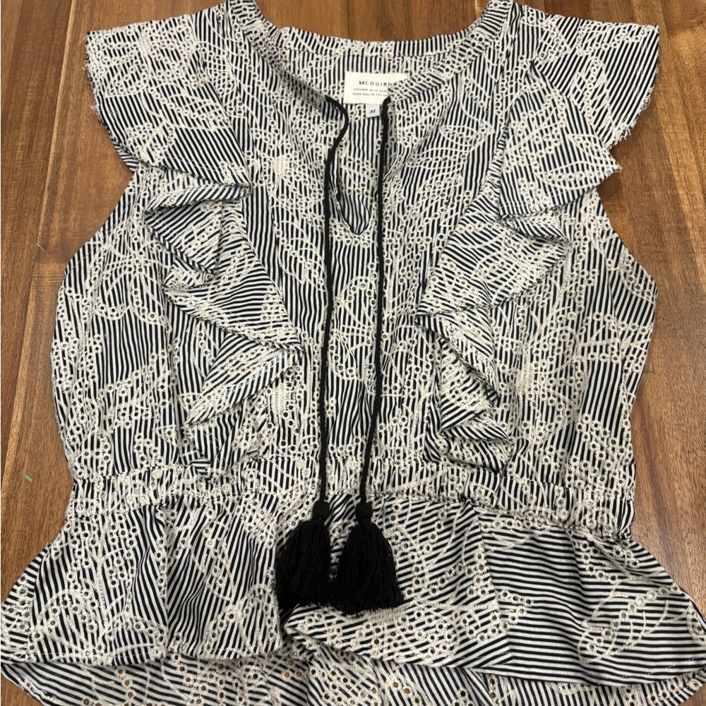 McGuire Black White Striped Embroidered Ruffle Tassel Peplum Top Size M